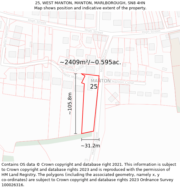 25, WEST MANTON, MANTON, MARLBOROUGH, SN8 4HN: Plot and title map