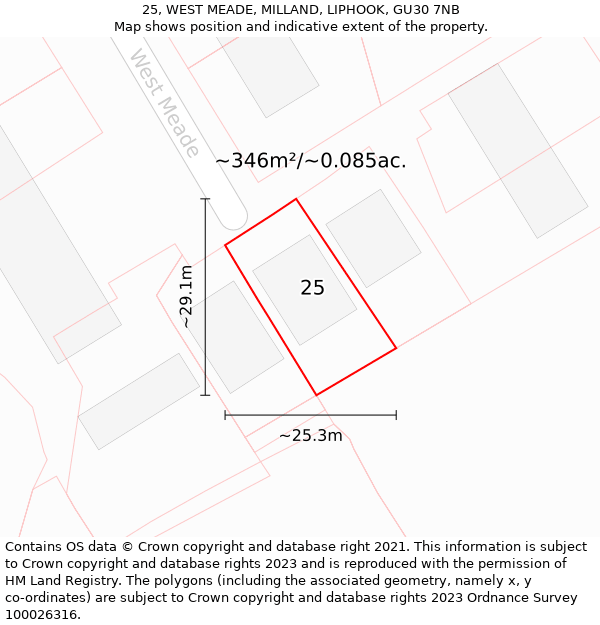 25, WEST MEADE, MILLAND, LIPHOOK, GU30 7NB: Plot and title map