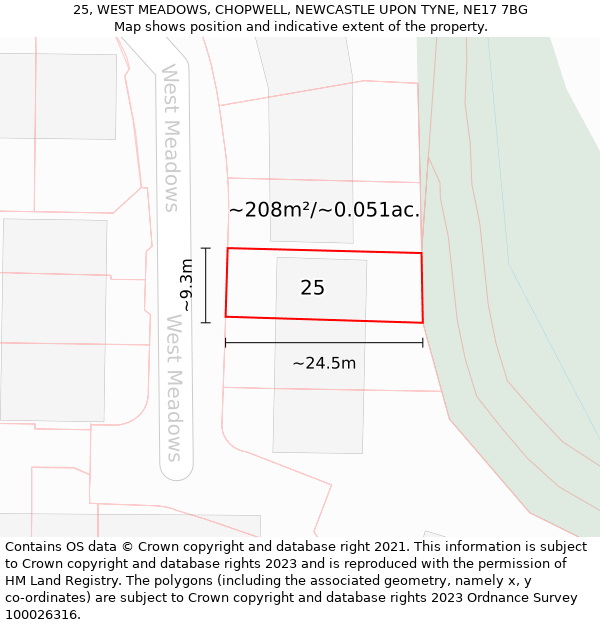 25, WEST MEADOWS, CHOPWELL, NEWCASTLE UPON TYNE, NE17 7BG: Plot and title map