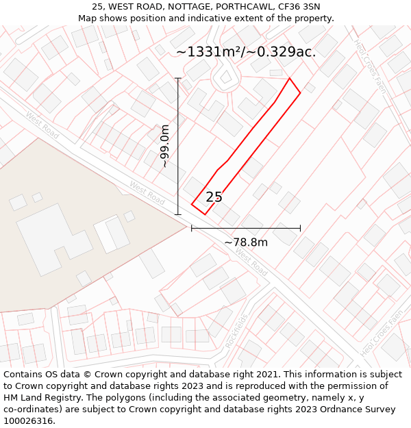 25, WEST ROAD, NOTTAGE, PORTHCAWL, CF36 3SN: Plot and title map