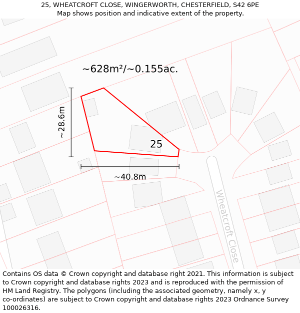 25, WHEATCROFT CLOSE, WINGERWORTH, CHESTERFIELD, S42 6PE: Plot and title map