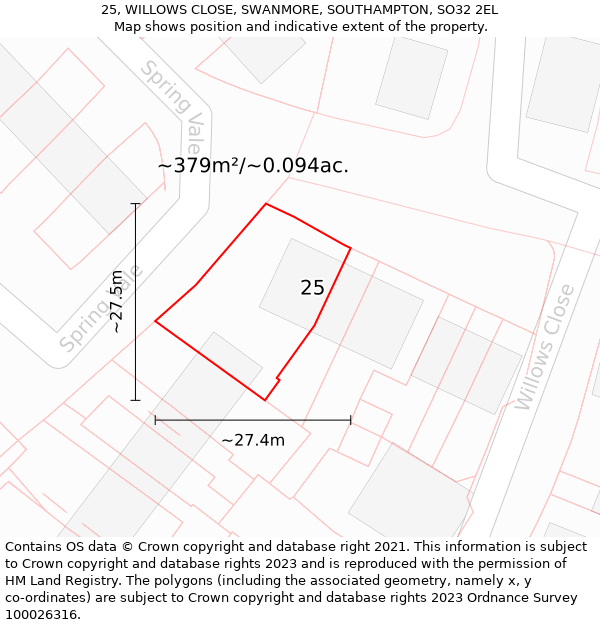 25, WILLOWS CLOSE, SWANMORE, SOUTHAMPTON, SO32 2EL: Plot and title map