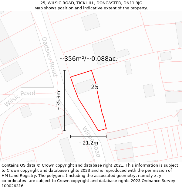 25, WILSIC ROAD, TICKHILL, DONCASTER, DN11 9JG: Plot and title map