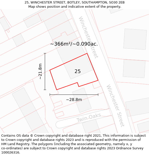 25, WINCHESTER STREET, BOTLEY, SOUTHAMPTON, SO30 2EB: Plot and title map