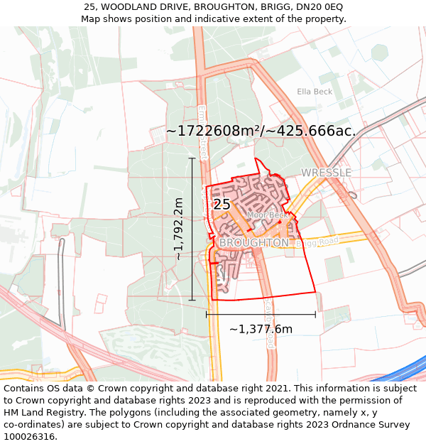 25, WOODLAND DRIVE, BROUGHTON, BRIGG, DN20 0EQ: Plot and title map