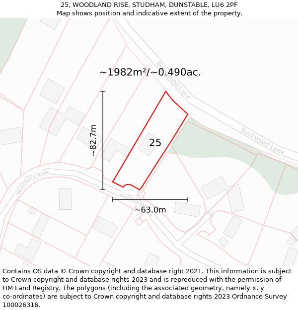 25, WOODLAND RISE, STUDHAM, DUNSTABLE, LU6 2PF: Plot and title map