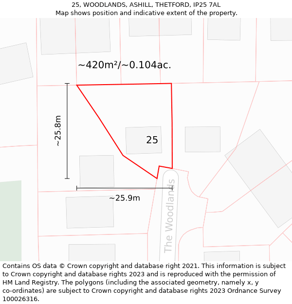 25, WOODLANDS, ASHILL, THETFORD, IP25 7AL: Plot and title map