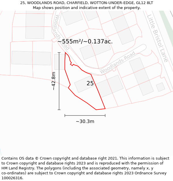 25, WOODLANDS ROAD, CHARFIELD, WOTTON-UNDER-EDGE, GL12 8LT: Plot and title map