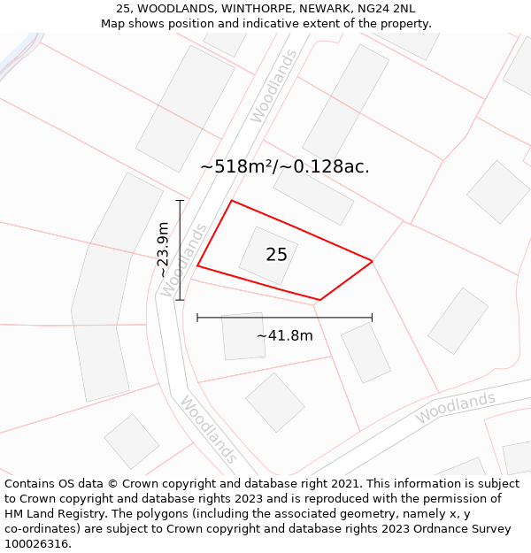 25, WOODLANDS, WINTHORPE, NEWARK, NG24 2NL: Plot and title map