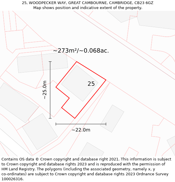 25, WOODPECKER WAY, GREAT CAMBOURNE, CAMBRIDGE, CB23 6GZ: Plot and title map