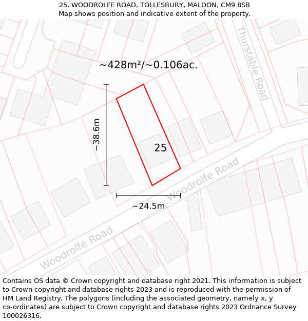 25, WOODROLFE ROAD, TOLLESBURY, MALDON, CM9 8SB: Plot and title map