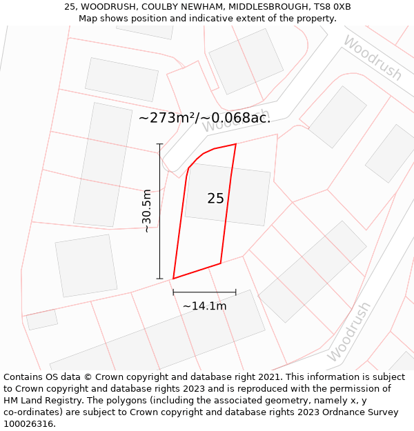 25, WOODRUSH, COULBY NEWHAM, MIDDLESBROUGH, TS8 0XB: Plot and title map