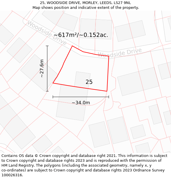 25, WOODSIDE DRIVE, MORLEY, LEEDS, LS27 9NL: Plot and title map