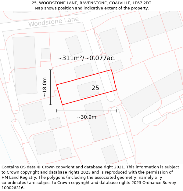 25, WOODSTONE LANE, RAVENSTONE, COALVILLE, LE67 2DT: Plot and title map