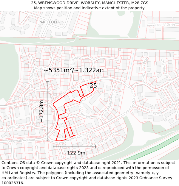 25, WRENSWOOD DRIVE, WORSLEY, MANCHESTER, M28 7GS: Plot and title map