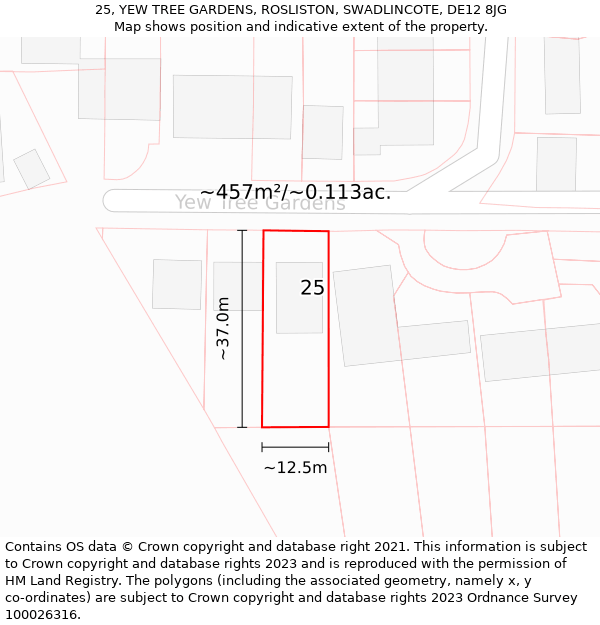 25, YEW TREE GARDENS, ROSLISTON, SWADLINCOTE, DE12 8JG: Plot and title map