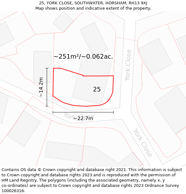 25, YORK CLOSE, SOUTHWATER, HORSHAM, RH13 9XJ: Plot and title map