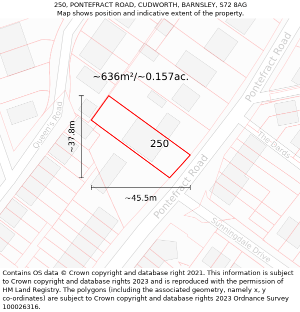 250, PONTEFRACT ROAD, CUDWORTH, BARNSLEY, S72 8AG: Plot and title map