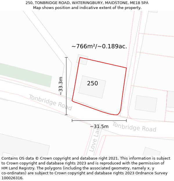 250, TONBRIDGE ROAD, WATERINGBURY, MAIDSTONE, ME18 5PA: Plot and title map