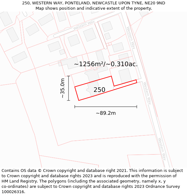 250, WESTERN WAY, PONTELAND, NEWCASTLE UPON TYNE, NE20 9ND: Plot and title map