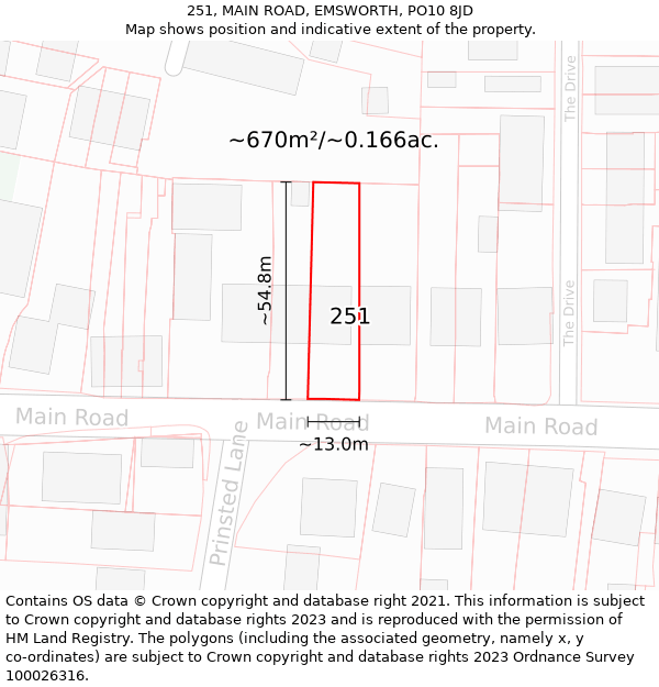 251, MAIN ROAD, EMSWORTH, PO10 8JD: Plot and title map