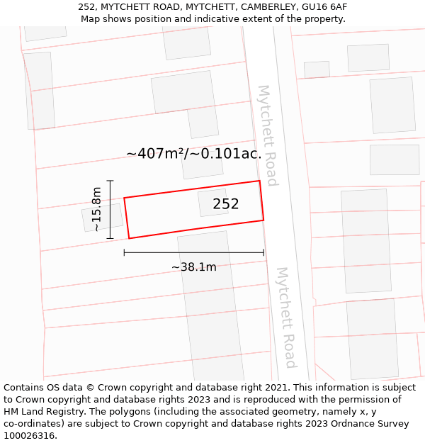 252, MYTCHETT ROAD, MYTCHETT, CAMBERLEY, GU16 6AF: Plot and title map