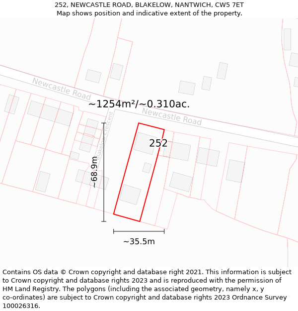 252, NEWCASTLE ROAD, BLAKELOW, NANTWICH, CW5 7ET: Plot and title map