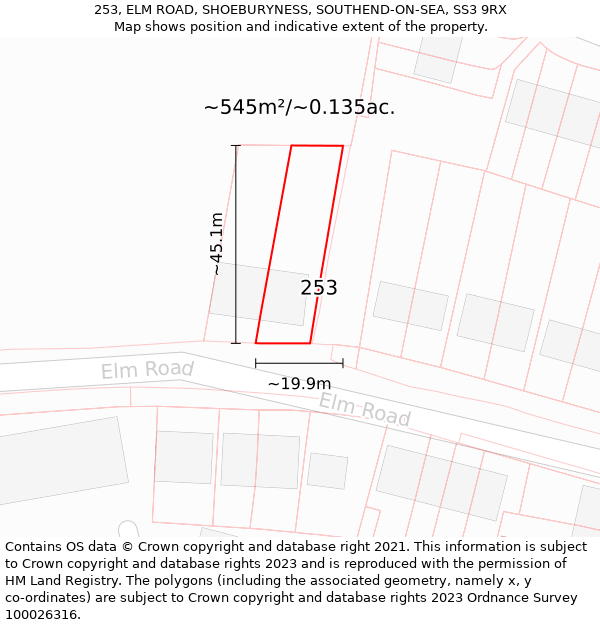 253, ELM ROAD, SHOEBURYNESS, SOUTHEND-ON-SEA, SS3 9RX: Plot and title map