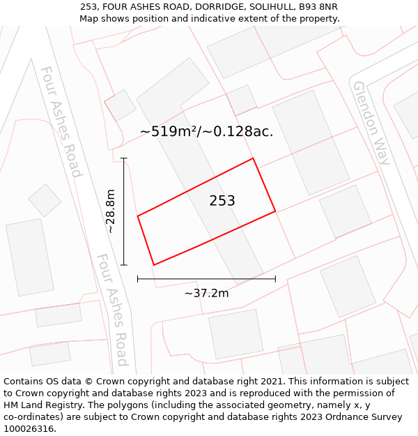 253, FOUR ASHES ROAD, DORRIDGE, SOLIHULL, B93 8NR: Plot and title map