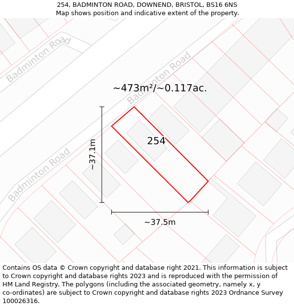 254, BADMINTON ROAD, DOWNEND, BRISTOL, BS16 6NS: Plot and title map