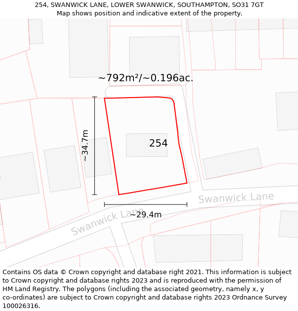 254, SWANWICK LANE, LOWER SWANWICK, SOUTHAMPTON, SO31 7GT: Plot and title map