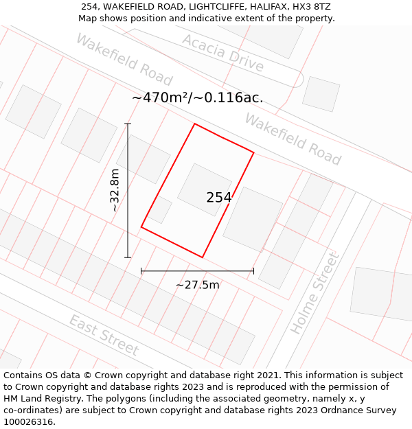 254, WAKEFIELD ROAD, LIGHTCLIFFE, HALIFAX, HX3 8TZ: Plot and title map