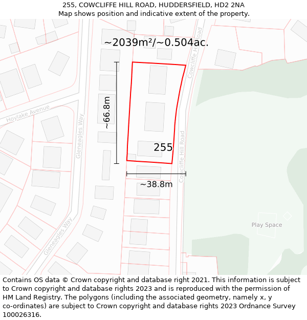 255, COWCLIFFE HILL ROAD, HUDDERSFIELD, HD2 2NA: Plot and title map