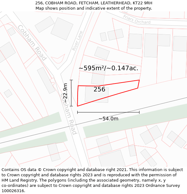 256, COBHAM ROAD, FETCHAM, LEATHERHEAD, KT22 9RH: Plot and title map