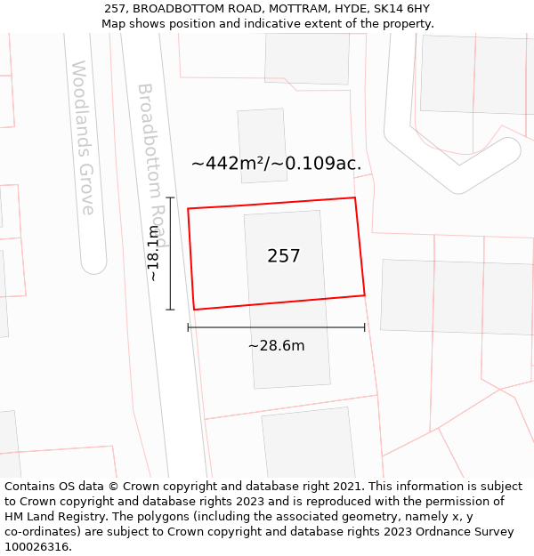 257, BROADBOTTOM ROAD, MOTTRAM, HYDE, SK14 6HY: Plot and title map