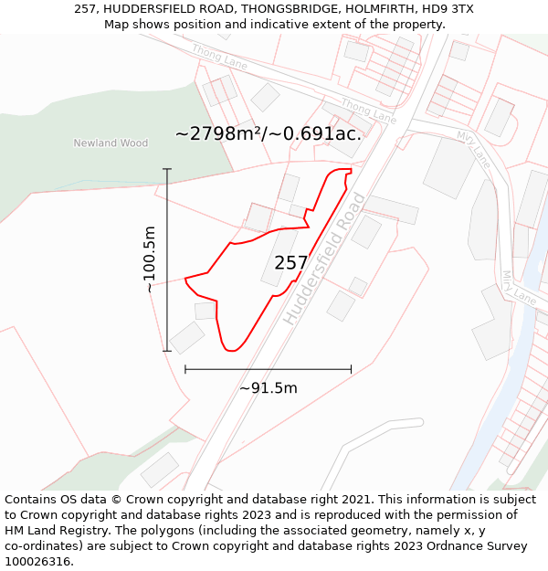 257, HUDDERSFIELD ROAD, THONGSBRIDGE, HOLMFIRTH, HD9 3TX: Plot and title map