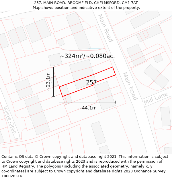 257, MAIN ROAD, BROOMFIELD, CHELMSFORD, CM1 7AT: Plot and title map