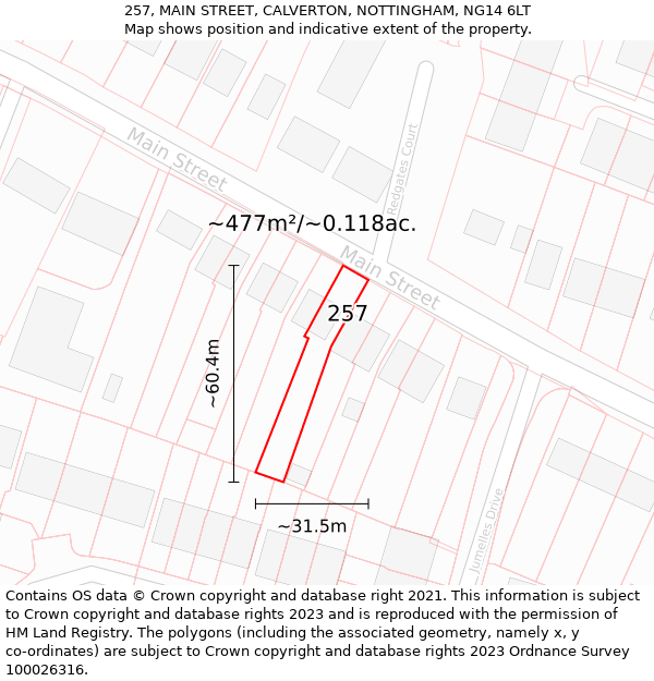 257, MAIN STREET, CALVERTON, NOTTINGHAM, NG14 6LT: Plot and title map