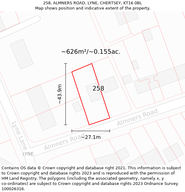 258, ALMNERS ROAD, LYNE, CHERTSEY, KT16 0BL: Plot and title map