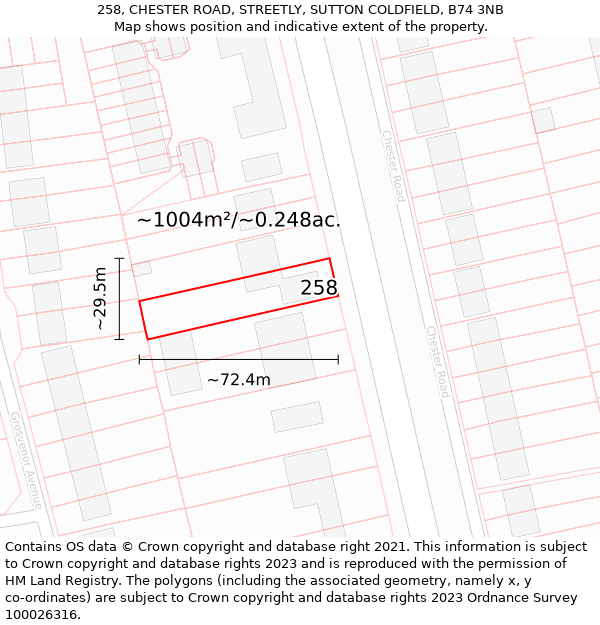 258, CHESTER ROAD, STREETLY, SUTTON COLDFIELD, B74 3NB: Plot and title map