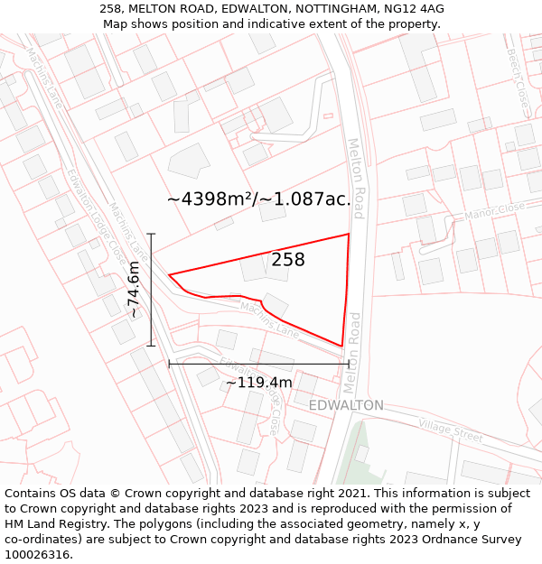 258, MELTON ROAD, EDWALTON, NOTTINGHAM, NG12 4AG: Plot and title map