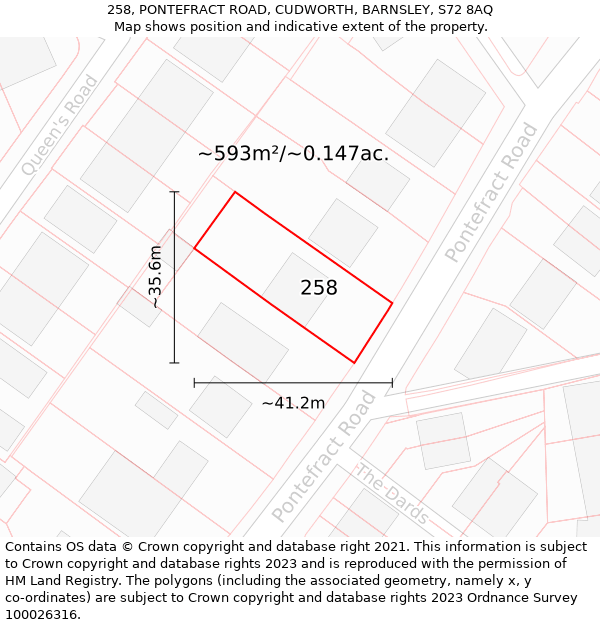 258, PONTEFRACT ROAD, CUDWORTH, BARNSLEY, S72 8AQ: Plot and title map