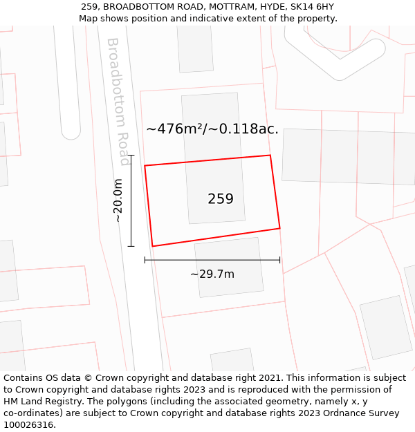 259, BROADBOTTOM ROAD, MOTTRAM, HYDE, SK14 6HY: Plot and title map