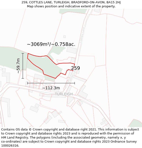 259, COTTLES LANE, TURLEIGH, BRADFORD-ON-AVON, BA15 2HJ: Plot and title map