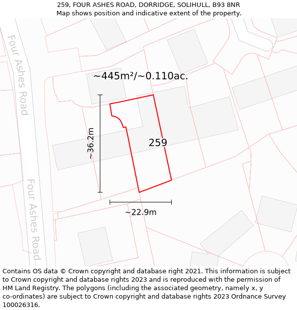 259, FOUR ASHES ROAD, DORRIDGE, SOLIHULL, B93 8NR: Plot and title map