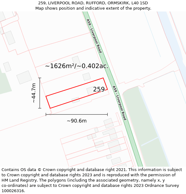 259, LIVERPOOL ROAD, RUFFORD, ORMSKIRK, L40 1SD: Plot and title map
