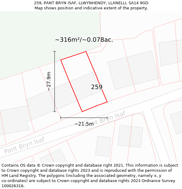 259, PANT BRYN ISAF, LLWYNHENDY, LLANELLI, SA14 9GD: Plot and title map