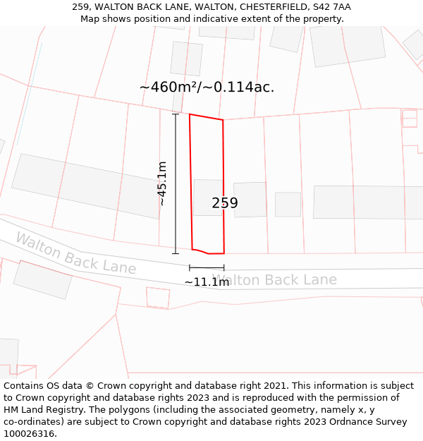259, WALTON BACK LANE, WALTON, CHESTERFIELD, S42 7AA: Plot and title map