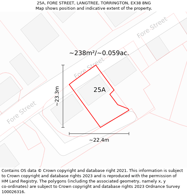 25A, FORE STREET, LANGTREE, TORRINGTON, EX38 8NG: Plot and title map
