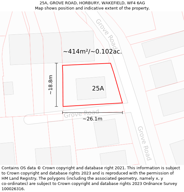 25A, GROVE ROAD, HORBURY, WAKEFIELD, WF4 6AG: Plot and title map